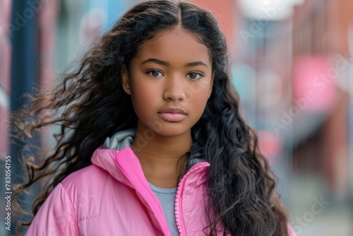 Serious and Beautiful Teenage Girl with Long Hair and Pink Magenta Jacket Standing Strong in Urban City - Copy Space Available