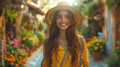 Young female traveler with long hair wearing a hat on an old town street.