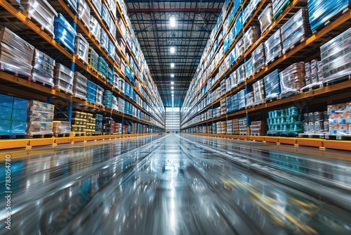 Rows of shelves line the warehouse walls, laden with boxes and containers of merchandise, organized meticulously to optimize storage space and accessibility