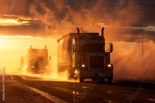 Transport trucks with sunlight behind