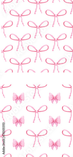 Coquette pink bow ribbon seamless pattern, elegant cute fabric print wallpaper on light background.