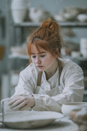 A young modern ceramic looking at their work, photographer Petra Kleis, analog, studio ligthning, white background, colorful, realistic photo