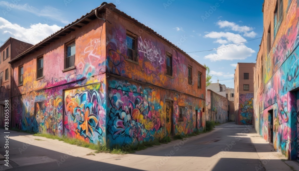 Fototapeta premium An urban corner teeming with vibrant graffiti art on an old building, illustrating street culture and creativity for stock photo collections.. AI Generation