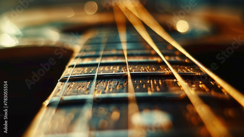 Close-up of a guitar string being plucked, blurred background. photo