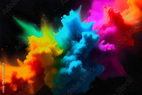 Holi paint rainbow multi colored powder explosion on background