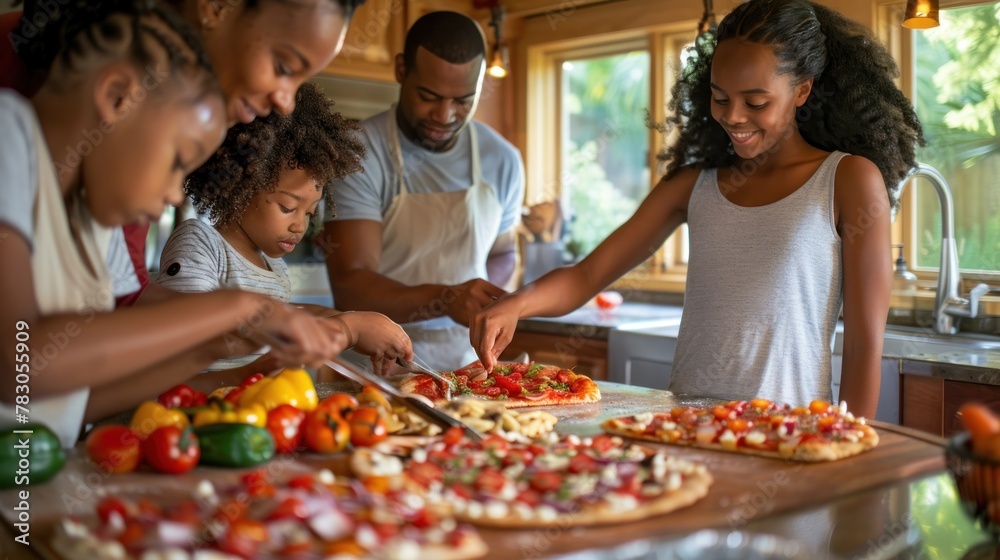 A family of four is making pizza together in the kitchen A family of four is making pizza together in the kitchen