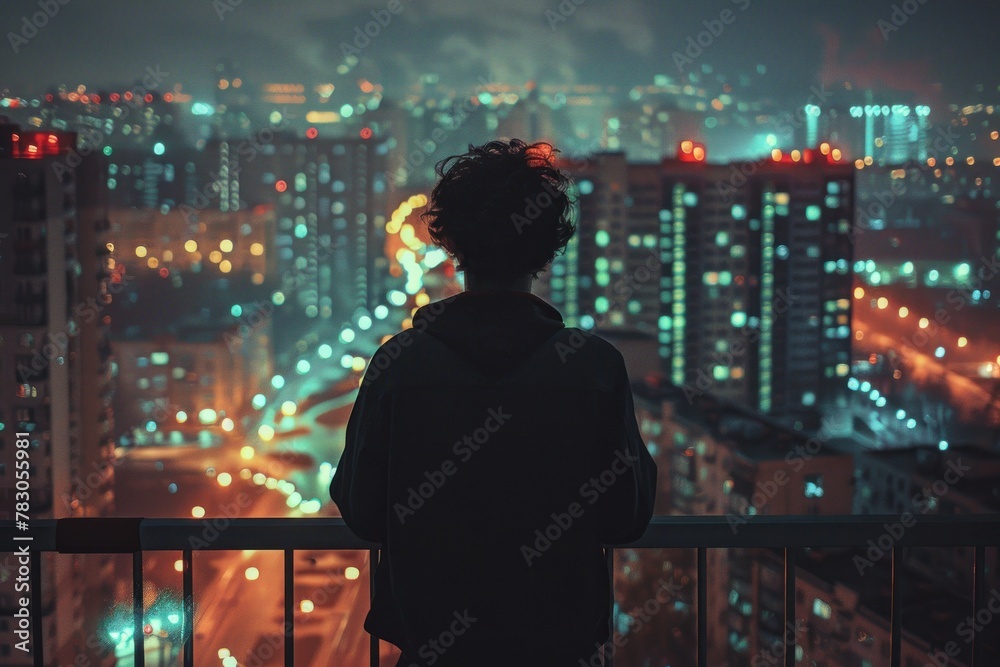 A man stands on a balcony overlooking a city at night