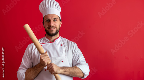 Portrait of a Chef wearing a white apron and holding a rolling pin on a Red Studio Background.