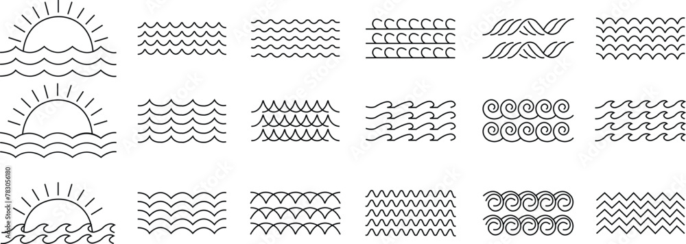 Set of Bundled wave icons in flat styles. Wave illustration signs can be used for web, mobile app. Ocean symbol. Water sea element, Ocean liquid curve flowing swirl storm on transparent background.