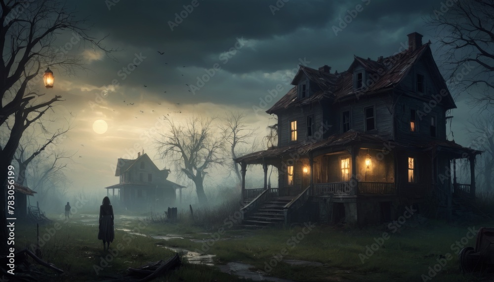 A mysterious abandoned manor bathed in twilight, with fog swirling around, sets a perfect scene for storytelling and themes of abandonment and the supernatural.. AI Generation