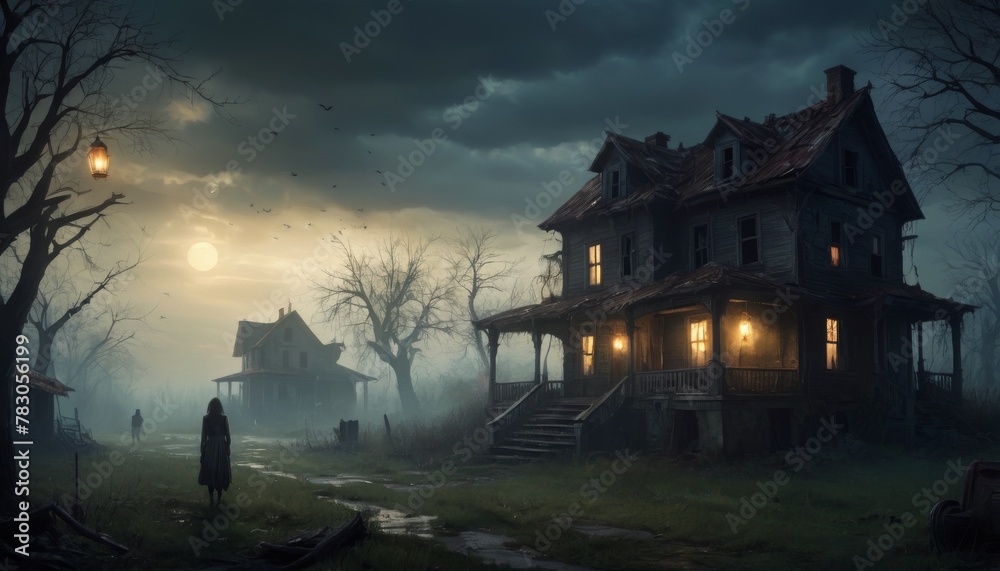 Fototapeta premium A mysterious abandoned manor bathed in twilight, with fog swirling around, sets a perfect scene for storytelling and themes of abandonment and the supernatural.. AI Generation