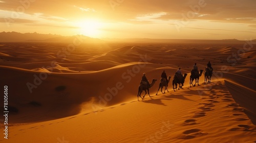 In the golden glow of sunset, camels plod steadily across the desert, guided by skilled cameleers who navigate the shifting dunes with ease.