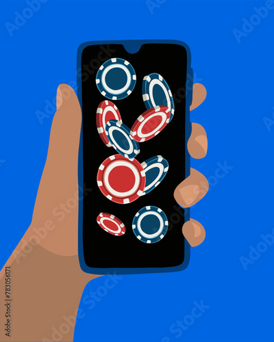 Vector isolated illustration of online casino. Casino chips on the mobile phone screen.