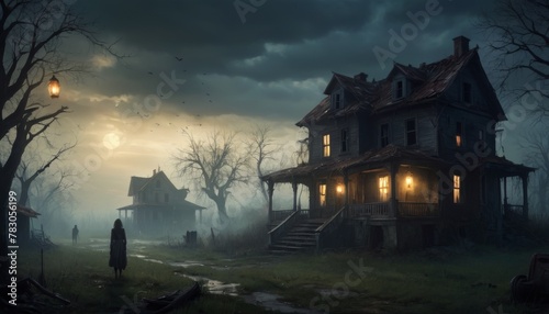 A mysterious abandoned manor bathed in twilight, with fog swirling around, sets a perfect scene for storytelling and themes of abandonment and the supernatural.. AI Generation photo