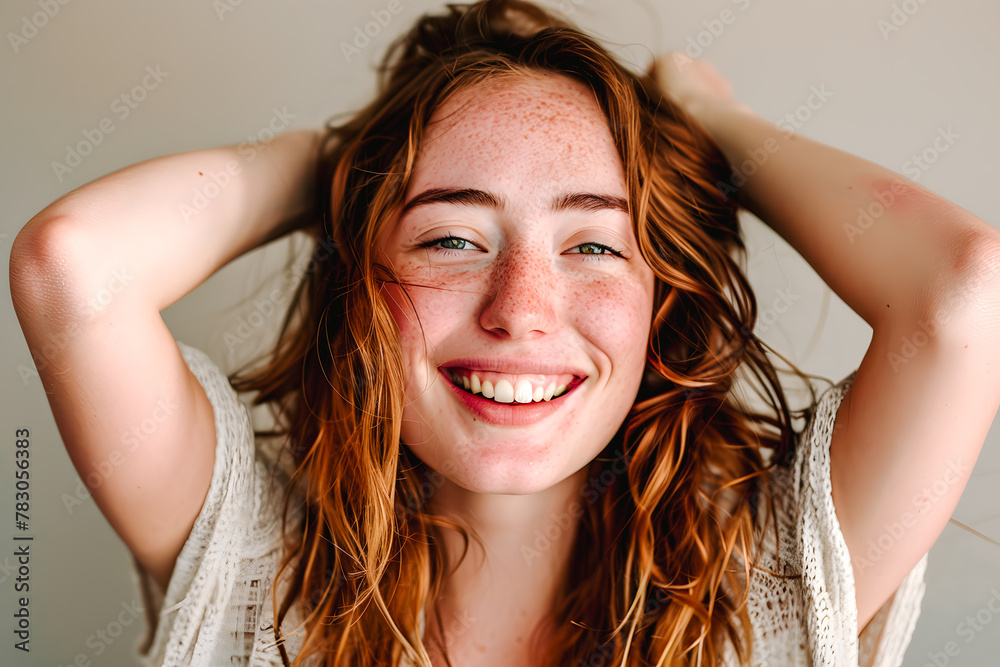 Jeune femme souriante et naturelle avec longs cheveux  brun roux - obrazy, fototapety, plakaty 