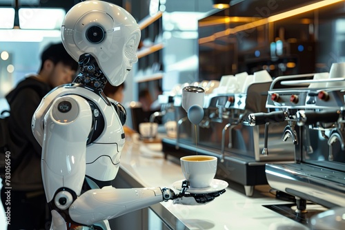 Futuristic concept of a robotic barista preparing coffee and engaging with fascinated customers photo