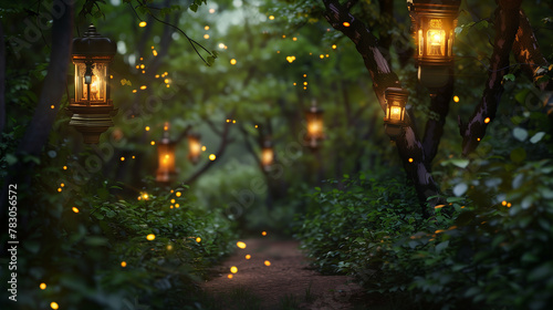 The forest path was lit by a series of lanterns.