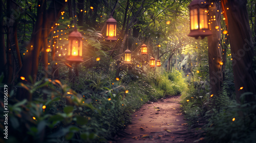 The forest path was lit by a series of lanterns.