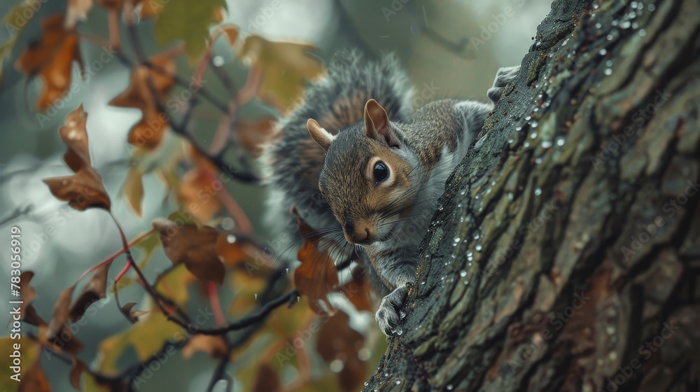 In the misty morning, a grey squirrel scampers up a wet tree, its keen eyes searching for breakfast among the glistening branches. In the misty morning, a grey squirrel scampers up a wet tree, its keen eyes searching for breakfast among the glistening branches.