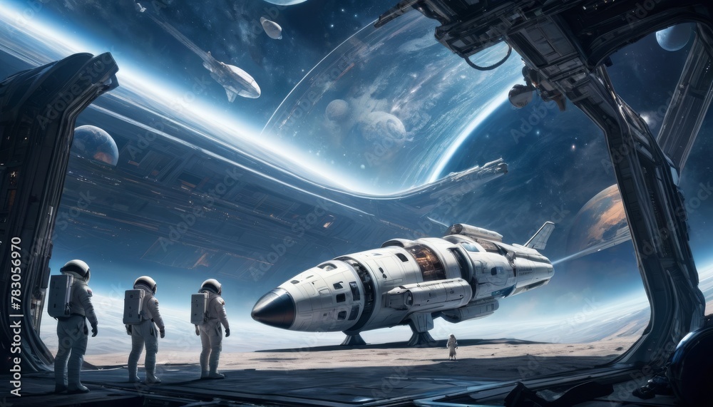 A group of astronauts in white suits stands before a futuristic spaceship docked in a massive space station hangar, with a stunning cosmic vista in the background. AI Generation - obrazy, fototapety, plakaty 