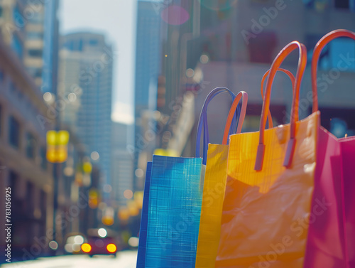 Closeup shot capturing two vibrant shopping bags in a diverse cityscape.