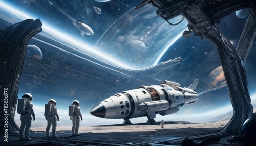 A group of astronauts in white suits stands before a futuristic spaceship docked in a massive space station hangar, with a stunning cosmic vista in the background. AI Generation photo