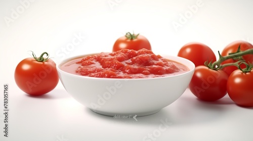 Tomato sauce in a bowl with fresh tomatoes on a white background