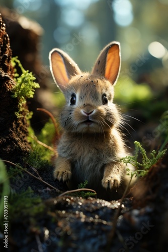 Surprised bunny hugs Earth green nature blurred background