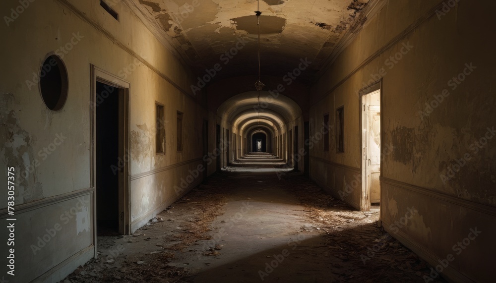 A haunting perspective of an abandoned building's decaying corridor, filled with debris and a sense of forgotten history. AI Generation A haunting perspective of an abandoned building's decaying corridor, filled with debris and a sense of forgotten history. AI Generation
