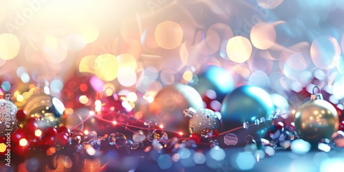 Festive Christmas baubles with sparkling lights, perfect for holiday season advertising. photo