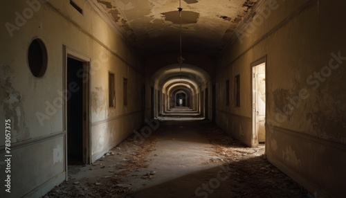 A haunting perspective of an abandoned building's decaying corridor, filled with debris and a sense of forgotten history. AI Generation © Anastasiia