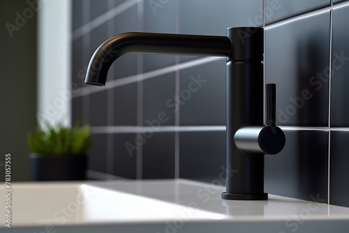 A minimalist bathroom close - up featuring a sleek, matte black faucet with water droplets glistening Generative AI