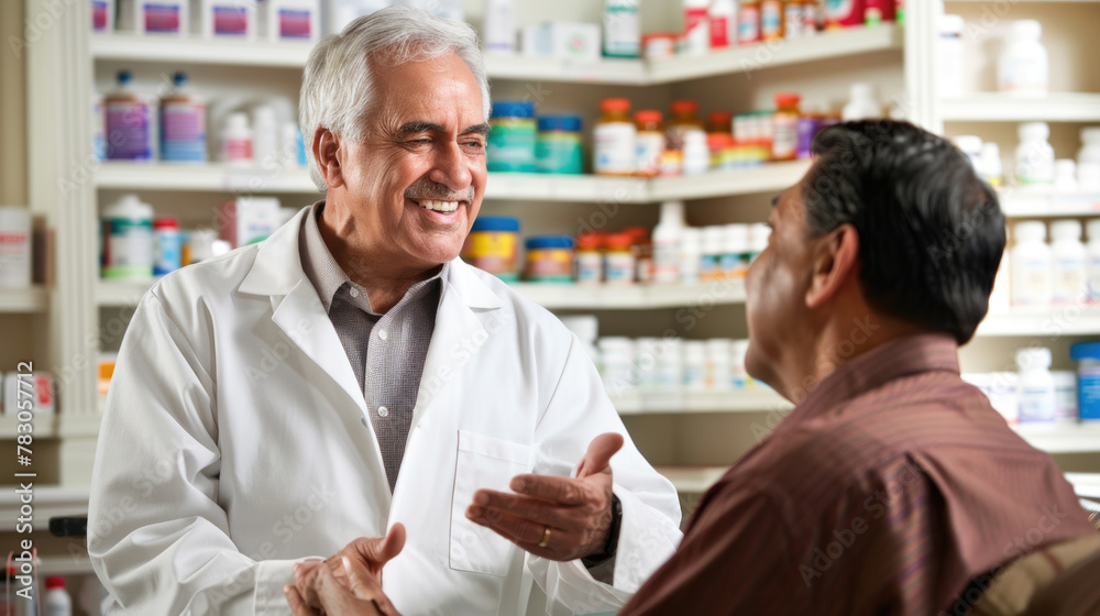 A pharmacist is engaged in conversation with a patient in a pharmacy setting, discussing medication or health-related concerns A pharmacist is engaged in conversation with a patient in a pharmacy setting, discussing medication or health-related concerns