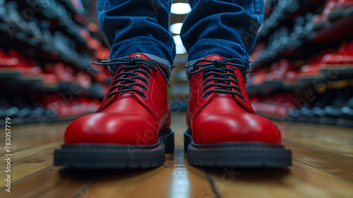 Close-up of person wearing bright red boots with laces, standing in a shoe store aisle with shelves of shoes blurred in the background, showcasing a bold fashion choice.