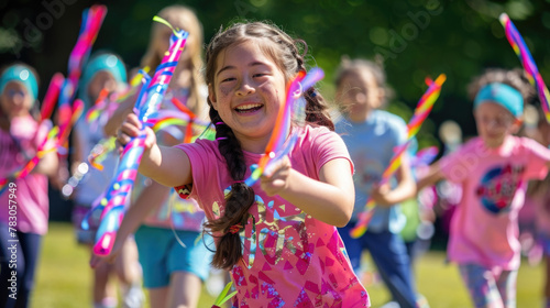 Children playing outdoors with vibrant, colorful streamers, running, laughing, and twirling around in a joyful and energetic manner