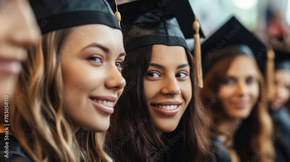 A group of women wearing graduation caps and gowns, celebrating their academic achievements A group of women wearing graduation caps and gowns, celebrating their academic achievements