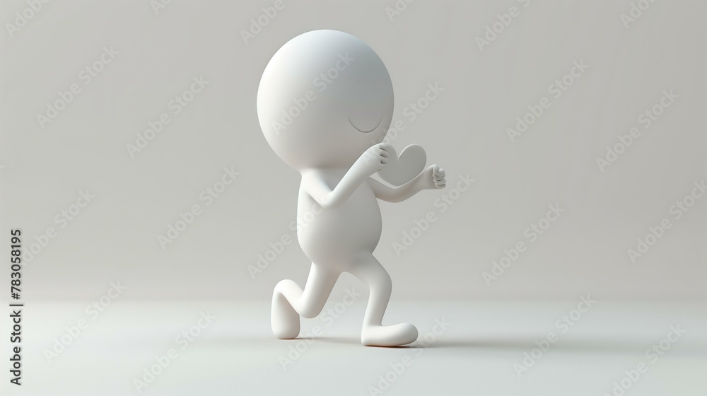 Simple white figure character running with heart, idea cute sign occupation single object Simple white figure character running with heart, idea cute sign occupation single object