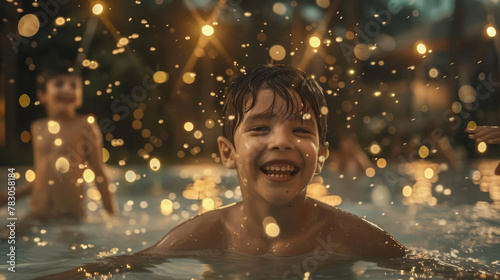 A young boy joyfully laughing as he plays in a pool of water