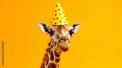 Funny giraffe with party hat and sunglasses isolated on yellow background