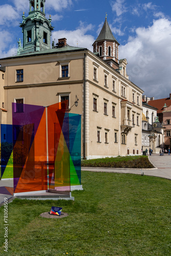 Multi-colored glass panes, modern art installation titled "Wyspia" by Kinga Nowak on Wawel Hill, Krakow, Poland