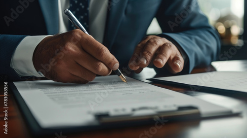 A man in a suit finalizes a deal by signing a document with a pen at his desk photo