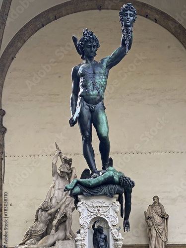Bronze statue of Perseus holding the head of Medusa in Florence, Piazza della Signoria square, made by Benvenuto Cellini in 1545.