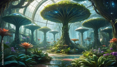 An expansive sci-fi conservatory with towering mushroom-like plants and a translucent dome, suggesting advanced botanical study.. AI Generation
