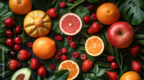 Top view of a vibrant assortment of fresh fruits including oranges  grapefruit  apple  and berries  artistically arranged on a backdrop of lush green tropical leaves.