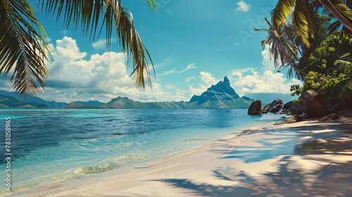 Panoramic view of tropical beach with turquoise water.