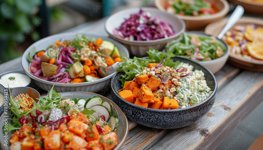 Vegan lunch bowls on a wooden table. Vegan lunch bowls on a wooden table.