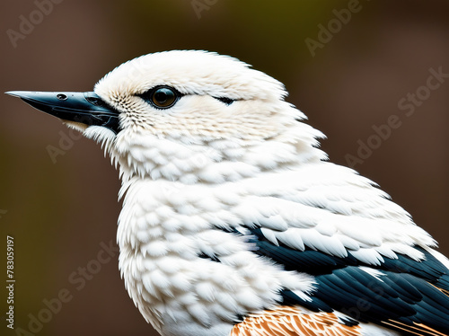 A small bird with a white and orange beak perched on a branch.