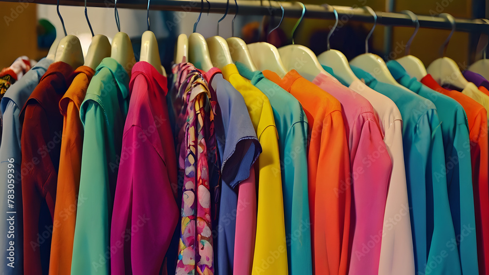 many colorful T-shirts are neatly hanging on hangers in a clothing store