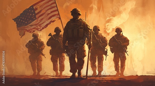 Soldier on the background of the flag of the United States of America