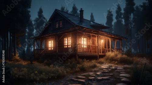 Wooden house in the woods. Traditional exterior. House in the woods at night. A beautiful house with large windows is located in the heart of a dense forest. Stunning views of nature.